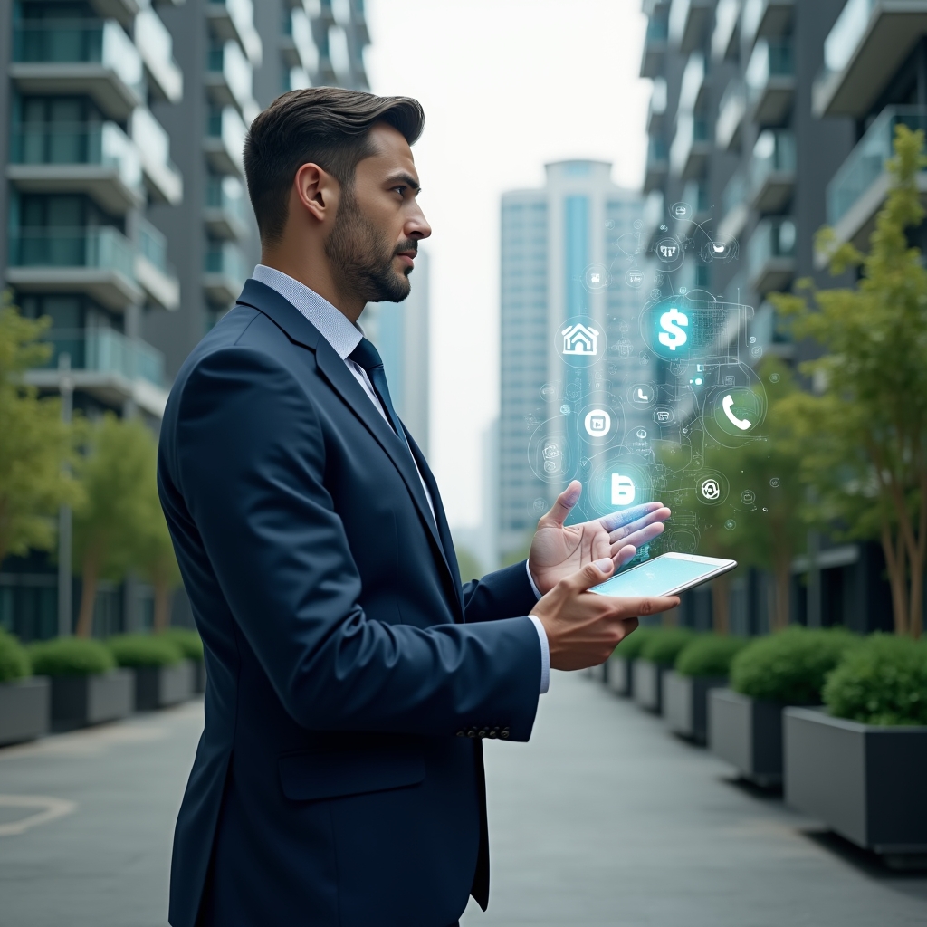 Ultra-realistic condominium manager in a navy blue tailored suit, set in a modern luxury condominium environment with high-rise buildings and lush green landscaping, holding a tablet and confidently interacting with floating holographic icons of communication, finance and scheduling, cinematic lighting, shallow depth of field, highly detailed textures, realistic skin, photographic realism, 8k resolution --ar 1:1 --v 6