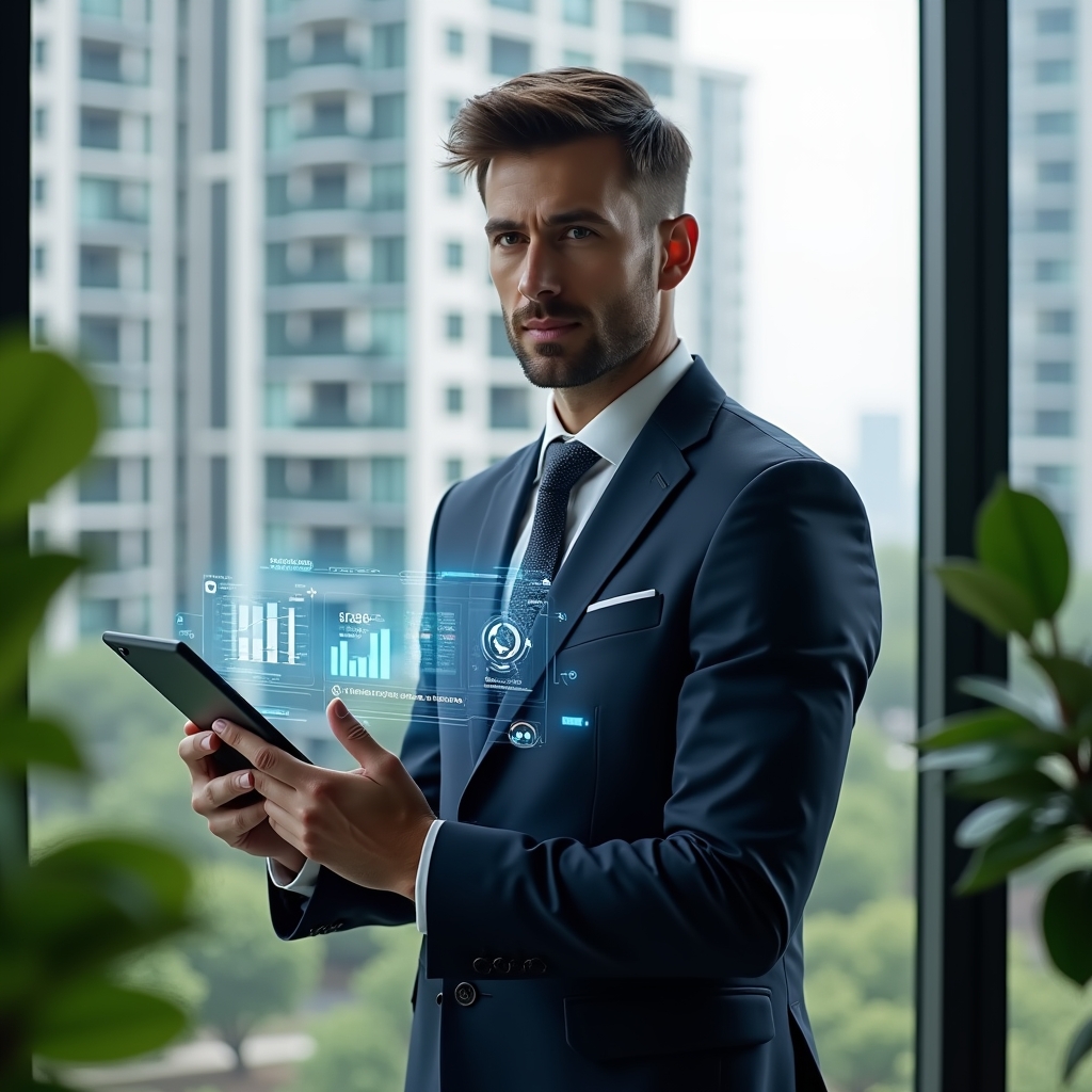 Ultra-realistic condominium manager in a tailored navy suit, set in a modern luxury condominium environment with high-rise buildings and lush green landscaping, holding a transparent tablet displaying holographic financial charts, notifications icons and a reservation calendar, confident and focused expression, cinematic lighting, shallow depth of field, highly detailed textures, realistic skin, photographic realism, 8k resolution --ar 1:1 --v 6