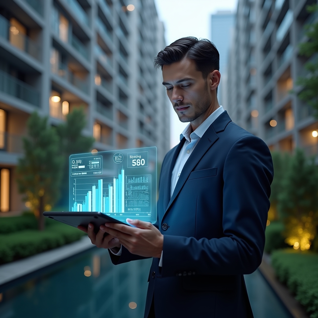 Ultra-realistic condominium property manager in a navy executive suit, set in a modern luxury condominium environment with high-rise buildings and meticulously landscaped greenery, holding a digital tablet projecting holographic charts and cost-saving icons, analyzing operational expenses with a confident, focused expression, cinematic lighting, shallow depth of field, highly detailed textures, realistic skin, photographic realism, 8k resolution --ar 1:1 --v 6