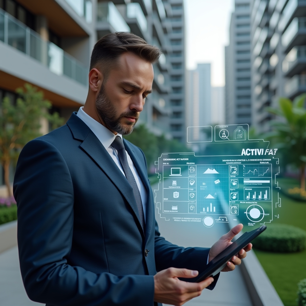 (Ultra-realistic condominium manager in a tailored dark blue suit, set in a modern luxury condominium environment with high-rise buildings and manicured green landscaping, examining a holographic activity schedule interface with charts and timelines projected in front of them, holographic icons of checkmarks and clocks floating around, confident and focused expression, cinematic lighting, shallow depth of field, highly detailed textures, realistic skin, photographic realism, 8k resolution --ar 1:1 --v 6)