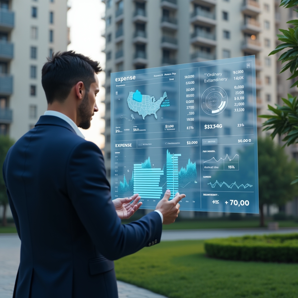 (Ultra-realistic condominium manager in a navy blue suit, set in a modern luxury condominium environment with high-rise buildings and manicured green landscaping, confidently reviewing a holographic financial dashboard displaying expense charts and icons representing ordinary and extraordinary costs, cinematic lighting, shallow depth of field, highly detailed textures, realistic skin, photographic realism, 8k resolution --ar 1:1 --v 6)