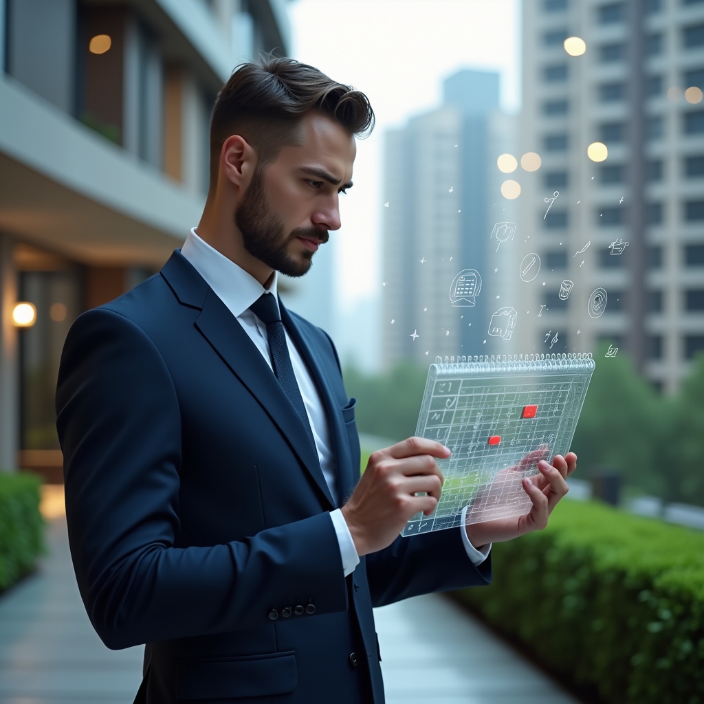 (Ultra-realistic condominium manager in a dark blue tailored suit, set in a modern luxury condominium environment with high-rise buildings and manicured greenery, holding a transparent holographic calendar display with highlighted maintenance tasks, analyzing the schedule with a confident expression, floating holographic icons of tools and checkmarks around, cinematic lighting, shallow depth of field, highly detailed textures, realistic skin, photographic realism, 8k resolution --ar 1:1 --v 6)