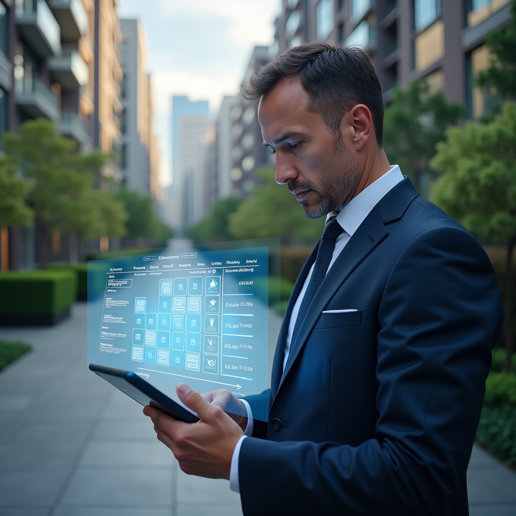 Ultra-realistic condominium manager in a navy blue suit, set in a modern luxury condominium environment with high-rise buildings and meticulously landscaped green areas, reviewing a holographic schedule calendar projected from a tablet, surrounded by floating checklist icons and timeline bars, expression focused and confident, cinematic lighting, shallow depth of field, highly detailed textures, realistic skin, photographic realism, 8k resolution --ar 1:1 --v 6