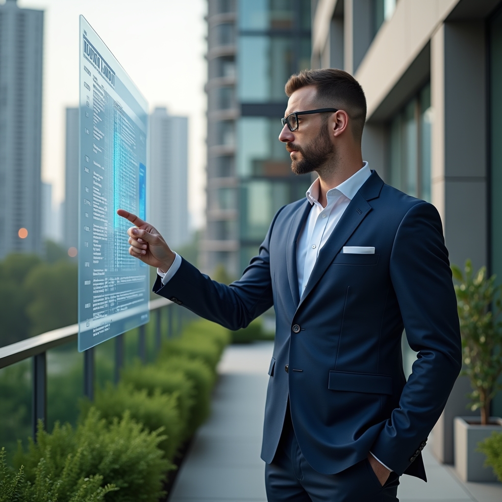 (Ultra-realistic condominium manager in a navy blue tailored suit, set in a modern luxury condominium environment with high-rise buildings and meticulously landscaped greenery, standing in a medium close-up pose while reviewing a floating holographic timeline of maintenance tasks and assembly schedules, pointing confidently at a translucent Gantt chart overlay, cinematic lighting, shallow depth of field, highly detailed textures, realistic skin, photographic realism, 8k resolution --ar 1:1 --v 6)