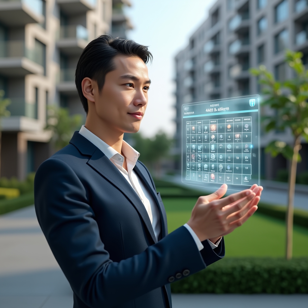 (Ultra-realistic property manager in a navy suit, set in a modern luxury condominium environment with high-rise buildings and manicured green landscaping, interacting with a floating holographic activity schedule calendar with service provider icons and timeline markers, confident and focused expression, cinematic lighting, shallow depth of field, highly detailed textures, realistic skin, photographic realism, 8k resolution --ar 1:1 --v 6)