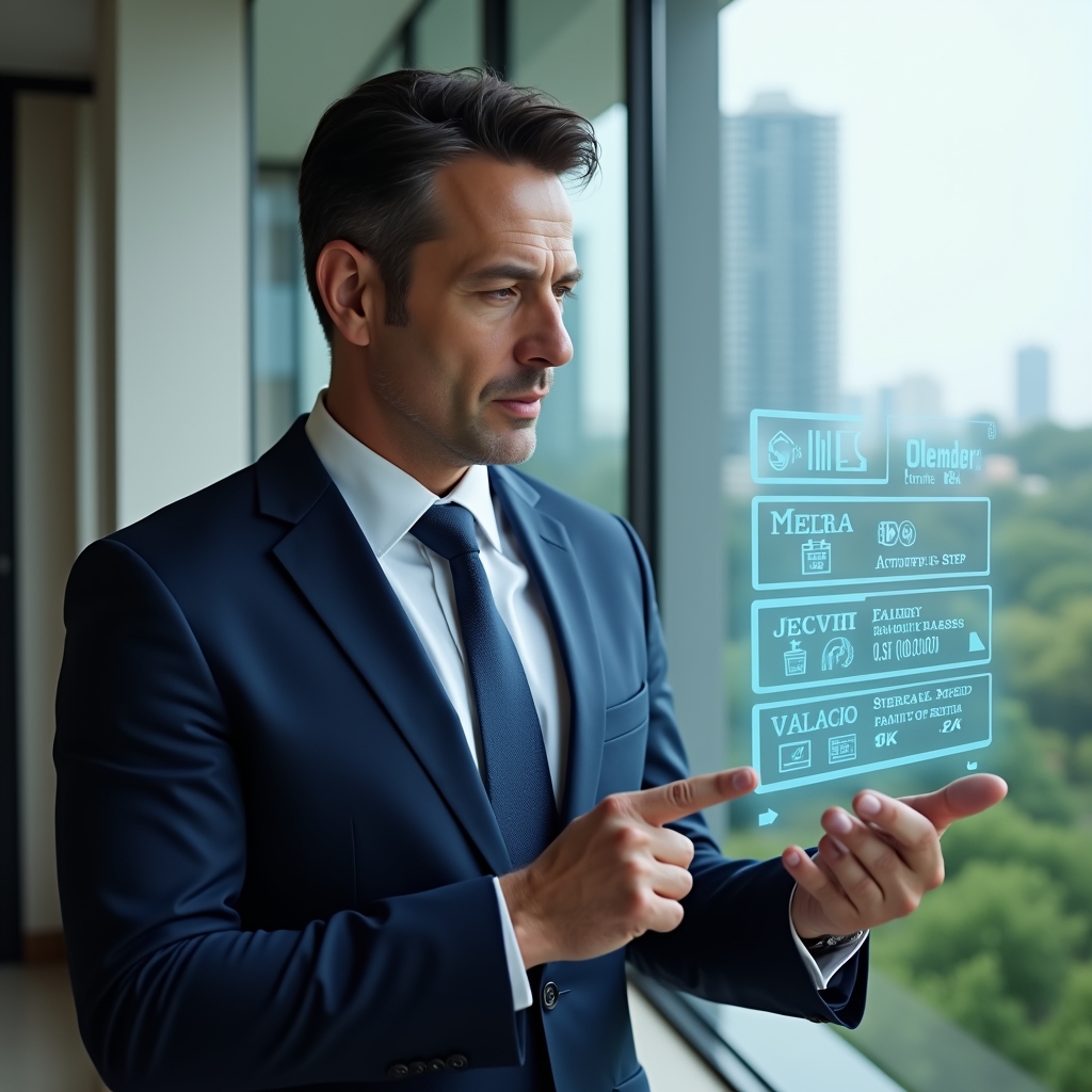 Ultra-realistic property manager in a navy suit, set in a modern luxury condominium environment with high-rise buildings and lush landscaping visible through glass walls, reviewing and pointing at a floating holographic five-step activity schedule calendar with maintenance and security icons, confident and focused expression, cinematic lighting, shallow depth of field, highly detailed textures, realistic skin, photographic realism, 8k resolution --ar 1:1 --v 6