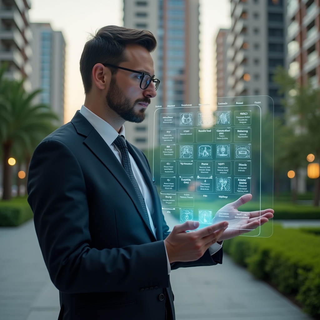Ultra-realistic condominium manager in a dark tailored suit, set in a modern luxury condominium environment with high-rise buildings and manicured green landscaping, holding and analyzing a holographic calendar interface displaying monthly, quarterly, and annual tasks, with icon overlays for maintenance, meetings, and budgets, cinematic lighting, shallow depth of field, highly detailed textures, realistic skin, photographic realism, 8k resolution --ar 1:1 --v 6