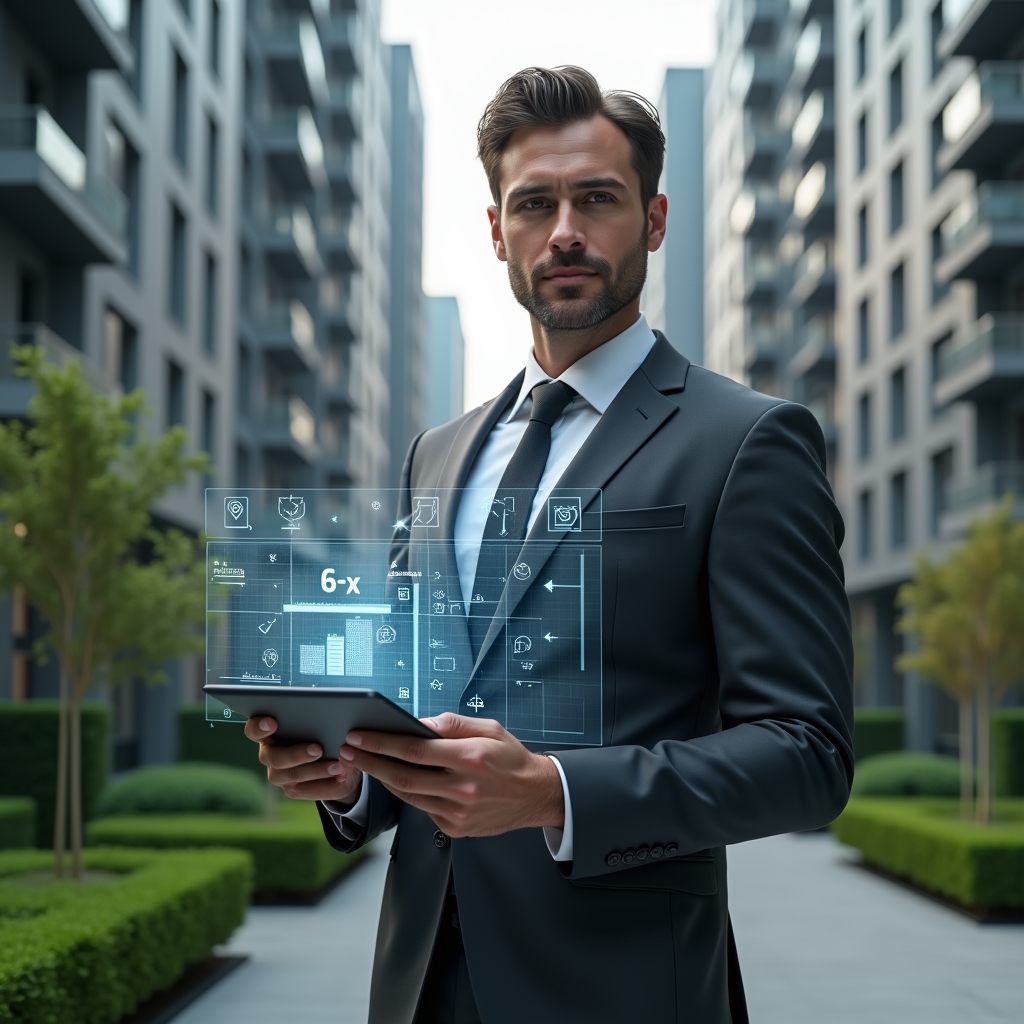 (Ultra-realistic condominium manager in a dark gray executive suit, set in a modern luxury condominium environment with high-rise buildings and manicured green landscaping, holding a digital tablet displaying a holographic maintenance schedule, standing confidently as if reviewing the cronograma, with floating icons of tools and calendar symbols around, cinematic lighting, shallow depth of field, highly detailed textures, realistic skin, photographic realism, 8k resolution --ar 1:1 --v 6)