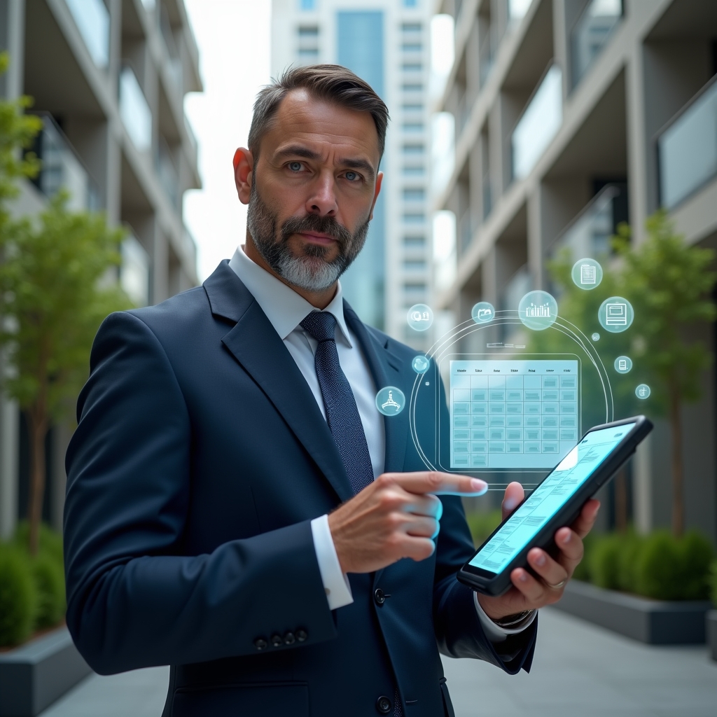 Ultra-realistic condominium manager in a navy tailored suit, set in a modern luxury condominium environment with high-rise buildings and lush green landscaping, holding a tablet displaying a holographic calendar of tasks, pointing confidently at the screen, floating icons for cleaning, maintenance and meetings orbiting the tablet, cinematic lighting, shallow depth of field, highly detailed textures, realistic skin, photographic realism, 8k resolution --ar 1:1 --v 6