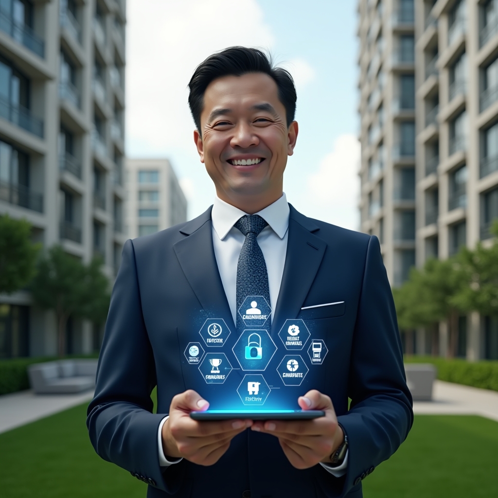 (Ultra-realistic condominium manager in a navy executive suit, set in a modern luxury condominium environment with high-rise buildings and manicured green landscaping, holding a tablet displaying holographic icons of communication, finance and security features representing the 10 essential app functionalities, confident expression, cinematic lighting, shallow depth of field, highly detailed textures, realistic skin, photographic realism, 8k resolution --ar 1:1 --v 6)