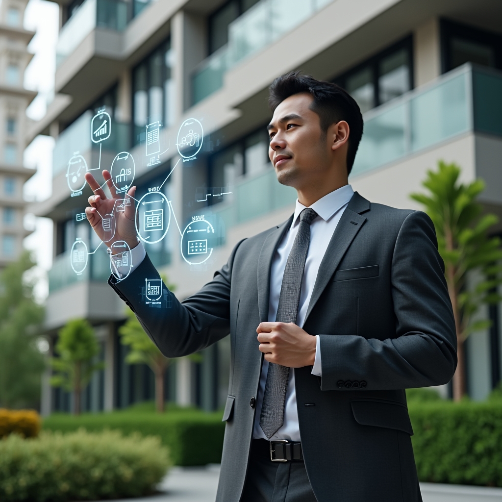 (Ultra-realistic condominium manager in a charcoal gray tailored suit, set in a modern luxury condominium environment with high-rise buildings and lush green landscaping, interacting with a holographic interface displaying icons for finance charts, calendar reservations, and chat bubbles, confident and engaged expression, cinematic lighting, shallow depth of field, highly detailed textures, realistic skin, photographic realism, 8k resolution --ar 1:1 --v 6)