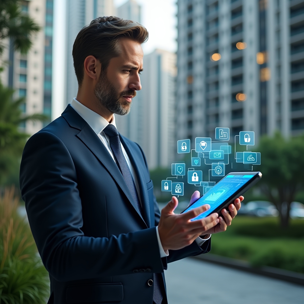 Ultra-realistic condominium manager in a tailored navy suit, set in a modern luxury condominium environment with high-rise buildings and lush green landscaping, holding a digital tablet displaying holographic icons of financial charts, chat bubbles, calendars, and security locks, confidently analyzing the 10 essential management functions, cinematic lighting, shallow depth of field, highly detailed textures, realistic skin, photographic realism, 8k resolution --ar 1:1 --v 6