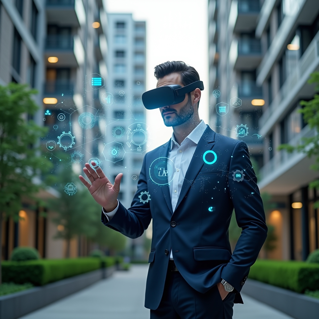 Ultra-realistic condominium manager in a navy executive suit, set in a modern luxury condominium environment with high-rise buildings and lush green landscaping, medium shot of the manager confidently interacting with a floating holographic interface displaying gears, clocks, financial charts and checklist icons symbolizing automation, cinematic lighting, shallow depth of field, highly detailed textures, realistic skin, photographic realism, 8k resolution --ar 1:1 --v 6