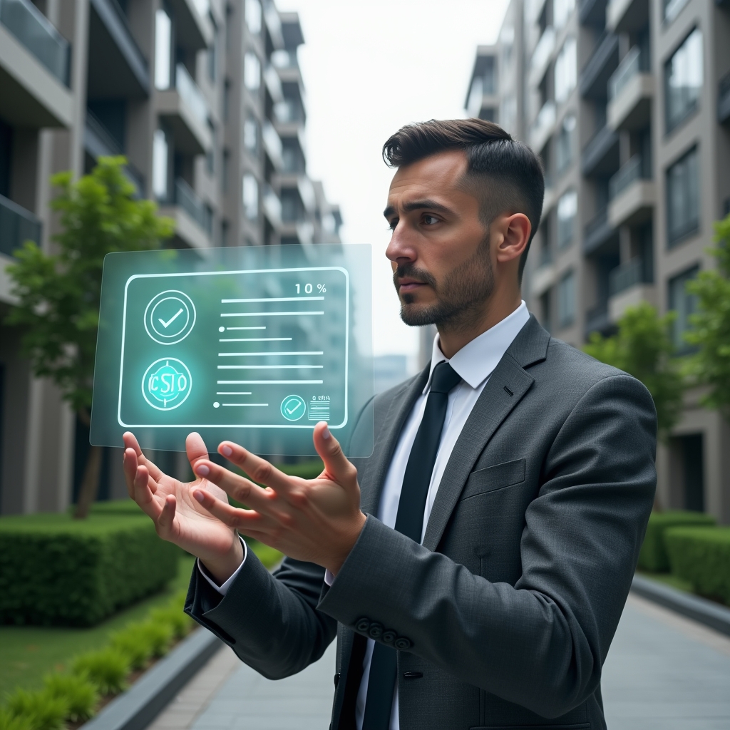 (Ultra-realistic condominium manager in a charcoal gray suit, set in a modern luxury condominium environment with high-rise buildings and manicured green landscaping, reviewing a floating holographic budget approval interface with icons of money and checkmarks, confident and focused expression, cinematic lighting, shallow depth of field, highly detailed textures, realistic skin, photographic realism, 8k resolution --ar 1:1 --v 6)