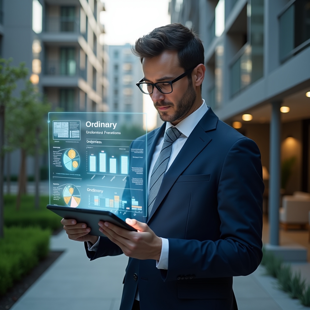 Ultra-realistic condominium manager in a navy executive suit, set in a modern luxury condominium environment with high-rise buildings and manicured green landscaping, reviewing holographic financial charts and distinguishing between ordinary and extraordinary expenses on a transparent tablet display, glowing icons of coins and pie graphs floating beside them, confident and focused expression, cinematic lighting, shallow depth of field, highly detailed textures, realistic skin, photographic realism, 8k resolution --ar 1:1 --v 6