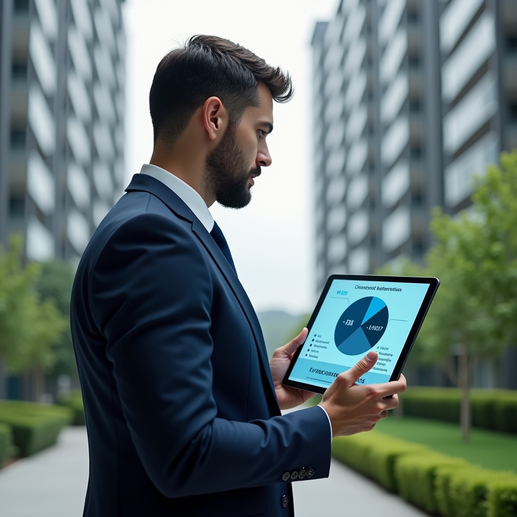 Ultra-realistic condominium manager in a tailored navy suit, standing in a modern luxury condominium environment with high-rise buildings and manicured green landscaping, examining a holographic split pie chart labeled “ordinary vs extraordinary expenses,” holding a sleek tablet, confident and focused expression, cinematic lighting, shallow depth of field, highly detailed textures, realistic skin, photographic realism, 8k resolution --ar 1:1 --v 6