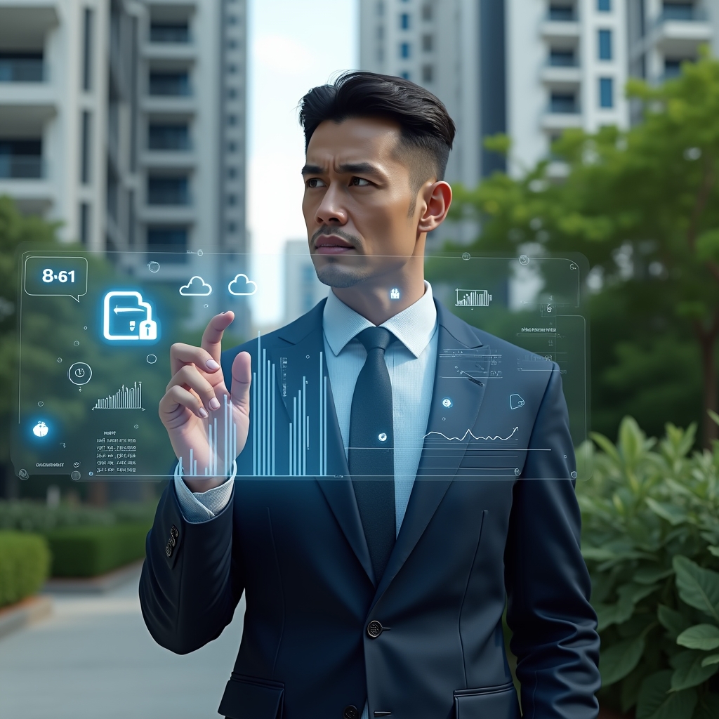 (Ultra-realistic condominium manager in a navy tailored suit, set in a modern luxury condominium environment with high-rise buildings and lush green landscaping in the background, holding a transparent holographic interface displaying financial charts, chat icons and security lock symbols, examining the data with a confident, thoughtful expression, cinematic lighting, shallow depth of field, highly detailed textures, realistic skin, photographic realism, 8k resolution --ar 1:1 --v 6)