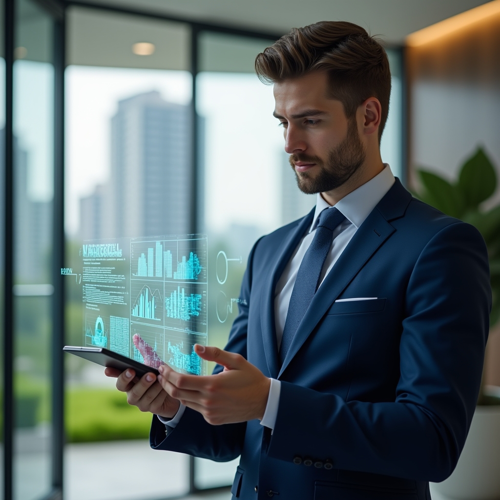Ultra-realistic professional condominium manager in a navy blue suit, set in a modern luxury condominium environment with high-rise buildings and lush green landscaping, standing in a sleek lobby analyzing a floating holographic financial report with transparent charts and ledgers, confident and focused expression, cinematic lighting, shallow depth of field, highly detailed textures, realistic skin, photographic realism, 8k resolution --ar 1:1 --v 6