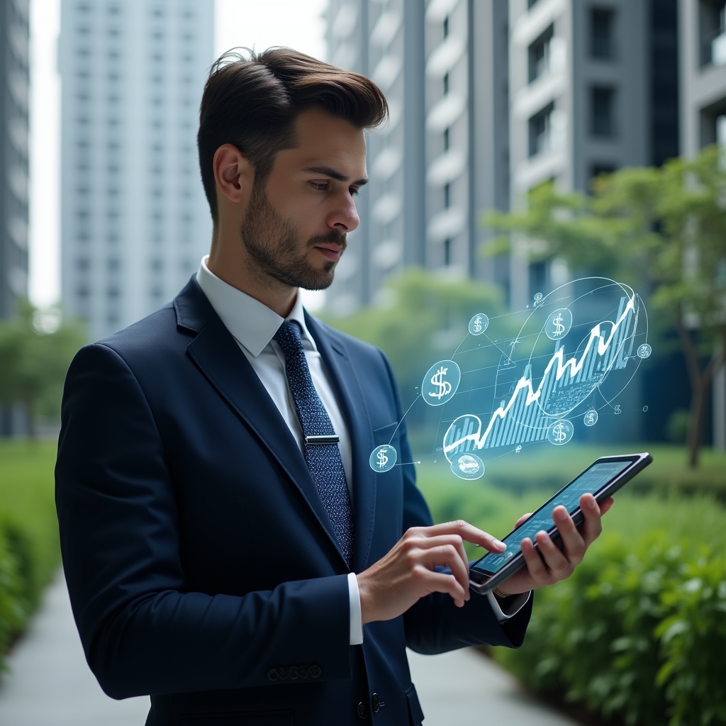 (Ultra-realistic condominium manager in a tailored navy suit, set in a modern luxury condominium environment with high-rise buildings and lush green landscaping, reviewing holographic financial charts projected from a sleek tablet, floating icons of currency symbols and segmented cost graphs surrounding them, confident and focused expression, cinematic lighting, shallow depth of field, highly detailed textures, realistic skin, photographic realism, 8k resolution --ar 1:1 --v 6)