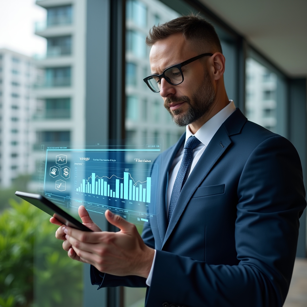 Ultra-realistic condominium manager in a navy blue executive suit, set in a modern luxury condominium environment with high-rise buildings and lush green landscaping, holding a tablet displaying a holographic financial dashboard and cost-saving icons, analyzing data with a confident, focused expression, cinematic lighting, shallow depth of field, highly detailed textures, realistic skin, photographic realism, 8k resolution --ar 1:1 --v 6