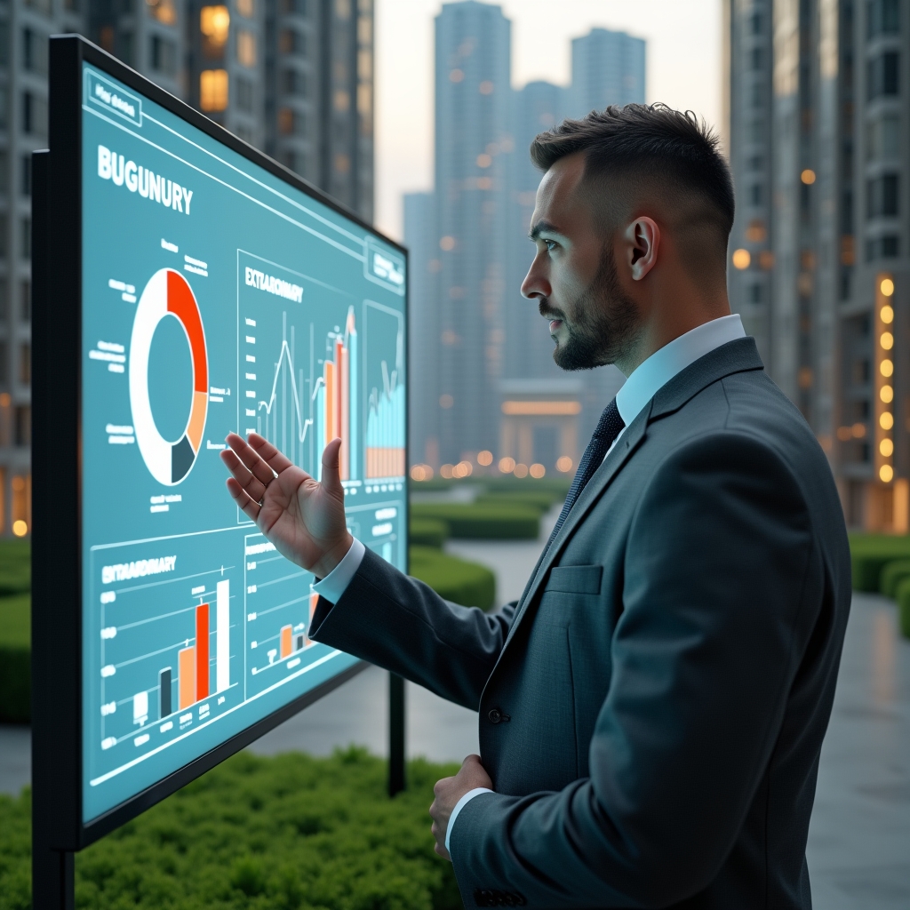 Ultra-realistic condominium manager in a charcoal gray suit, set in a modern luxury condominium environment with high-rise buildings and manicured green landscaping, inspecting a holographic financial dashboard displaying pie charts labeled “ordinary” and “extraordinary” expenses, floating icons of coins and document stacks around the display, analytical and confident expression, cinematic lighting, shallow depth of field, highly detailed textures, realistic skin, photographic realism, 8k resolution --ar 1:1 --v 6