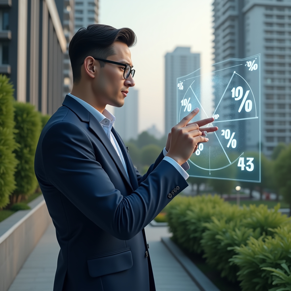 Ultra-realistic condominium manager in a navy blue tailored suit, set in a modern luxury condominium environment with high-rise buildings and lush green landscaping, examining a holographic pie chart of percentage fractions hovering in front of them, confident expression as they point to floating 3D percentage icons, cinematic lighting, shallow depth of field, highly detailed textures, realistic skin, photographic realism, 8k resolution --ar 1:1 --v 6