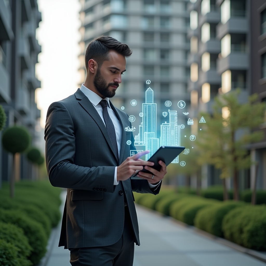 Ultra-realistic condominium manager in a charcoal gray tailored suit, set in a modern luxury condominium environment with high-rise buildings and manicured green landscaping, reviewing a holographic checklist of building icons and financial graphs on a transparent tablet, confident and focused expression, holographic warning symbols floating nearby, cinematic lighting, shallow depth of field, highly detailed textures, realistic skin, photographic realism, 8k resolution --ar 1:1 --v 6