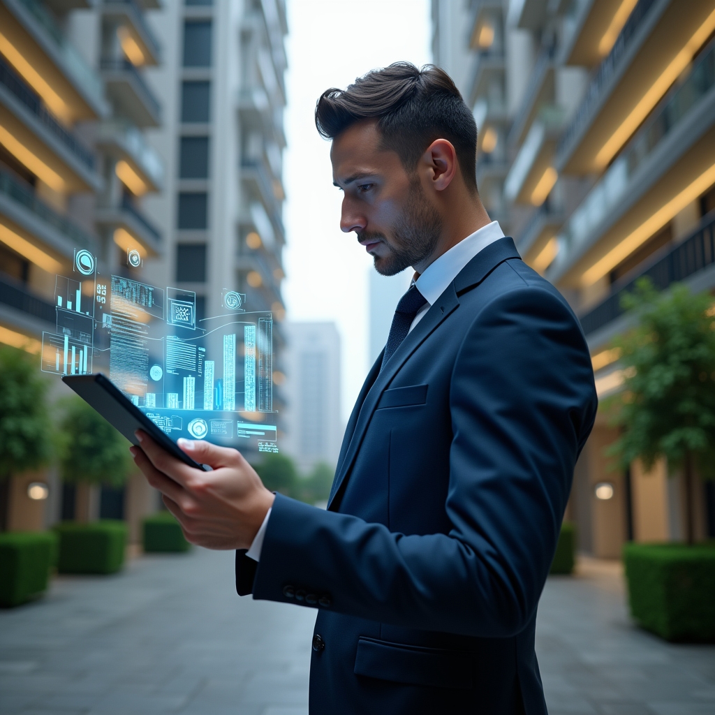(Ultra-realistic condominium manager in a navy blue suit, set in a modern luxury condominium environment with high-rise buildings and manicured gardens, reviewing floating holographic financial charts and documents with a focused expression, holographic icons of graphs and audit stamps around them, cinematic lighting, shallow depth of field, highly detailed textures, realistic skin, photographic realism, 8k resolution --ar 1:1 --v 6)