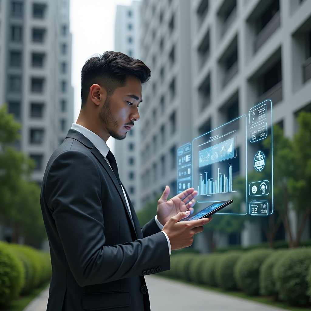 Ultra-realistic condominium manager in a charcoal gray business suit, set in a modern luxury condominium environment with high-rise buildings and manicured green landscaping, analyzing a floating holographic interface of a management app on a tablet with checklist icons, notification badges and calendar charts, thoughtful expression, cinematic lighting, shallow depth of field, highly detailed textures, realistic skin, photographic realism, 8k resolution --ar 1:1 --v 6