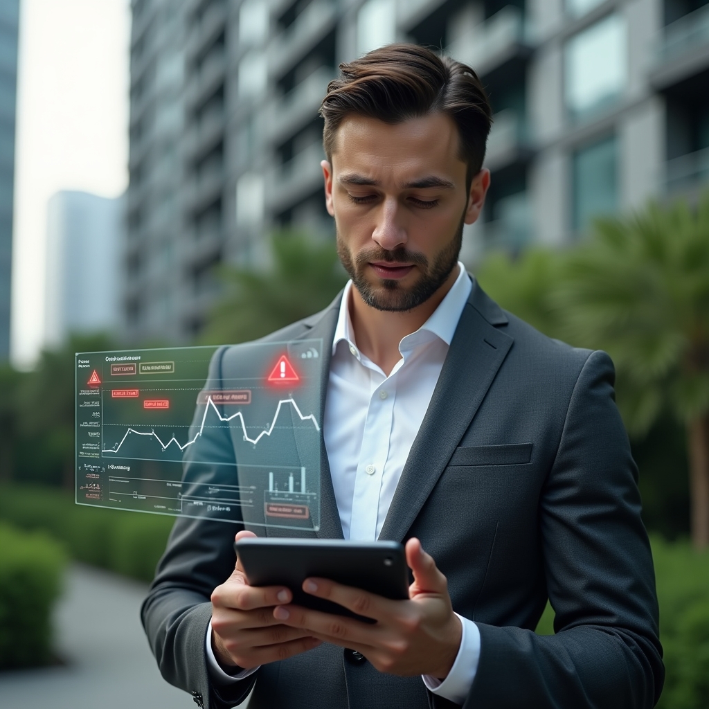 (Ultra-realistic condominium manager in a charcoal gray tailored suit, set in a modern luxury condominium environment with high-rise buildings and lush green landscaping, mid-shot close-up of the manager reviewing a digital tablet displaying holographic financial charts with red warning icons highlighting errors, focused and confident expression, cinematic lighting, shallow depth of field, highly detailed textures, realistic skin, photographic realism, 8k resolution --ar 1:1 --v 6)