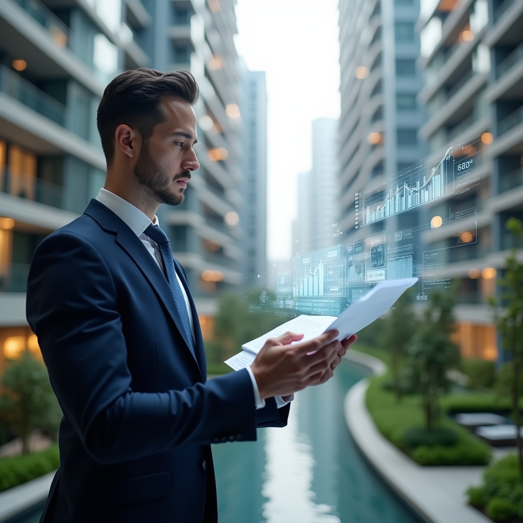 Ultra-realistic condominium manager in a navy executive suit, set in a modern luxury condominium environment with high-rise buildings and meticulously landscaped green areas, reviewing floating holographic financial reports with confidence and focus, displaying holographic charts and icons symbolizing precise accounting and transparency, cinematic lighting, shallow depth of field, highly detailed textures, realistic skin, photographic realism, 8k resolution --ar 1:1 --v 6