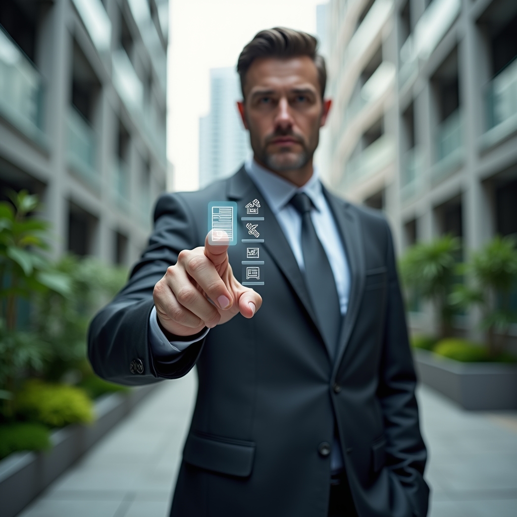 Ultra-realistic condominium manager in a dark gray executive suit, set in a modern luxury condominium environment with high-rise buildings and lush green landscaping, confidently pointing at a holographic checklist of tasks and floating document icons symbolizing common administrative errors, cinematic lighting, shallow depth of field, highly detailed textures, realistic skin, photographic realism, 8k resolution --ar 1:1 --v 6