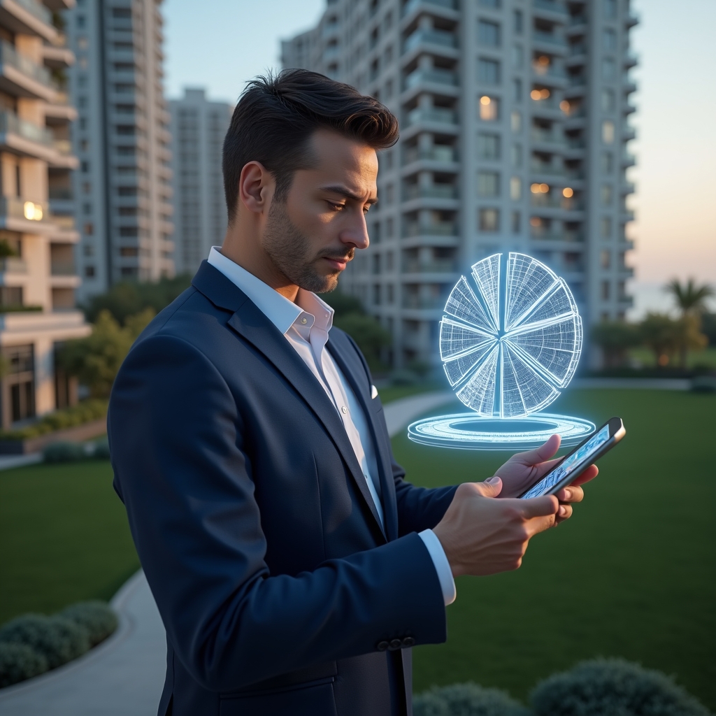 (Ultra-realistic condominium manager in a dark blue suit, set in a modern luxury condominium environment with high-rise buildings and manicured green landscaping, holding a tablet displaying a holographic pie chart representing fractional ownership, analyzing data with a focused, confident expression, floating 3D building model segmented by unit fractions, cinematic lighting, shallow depth of field, highly detailed textures, realistic skin, photographic realism, 8k resolution --ar 1:1 --v 6)