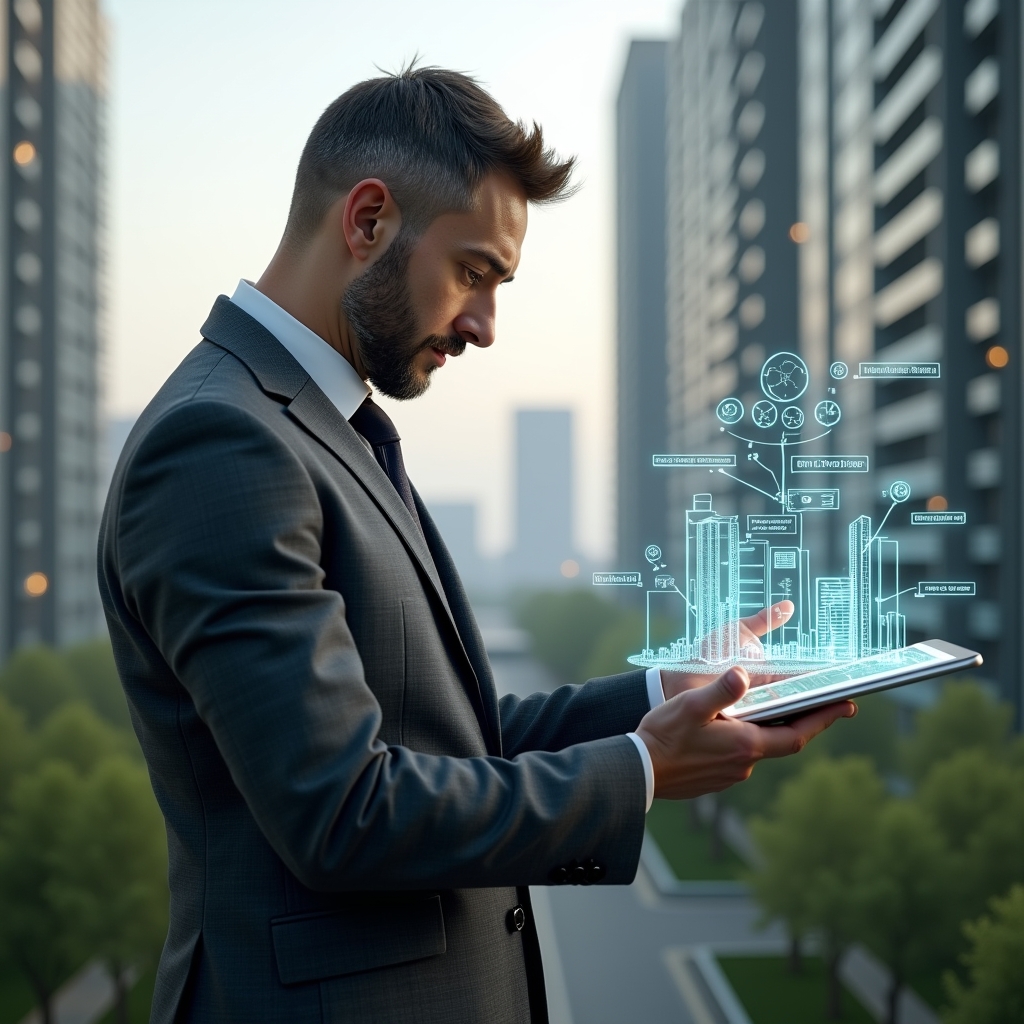 Ultra-realistic condominium manager in a charcoal gray executive suit, set in a modern luxury condominium environment with high-rise buildings and meticulously landscaped greenery, analyzing a floating holographic 3D pie chart of unit fractions and expenses, with subtle icons of coins and building blueprints swirling around the hologram, confident and focused expression, cinematic lighting, shallow depth of field, highly detailed textures, realistic skin, photographic realism, 8k resolution --ar 1:1 --v 6