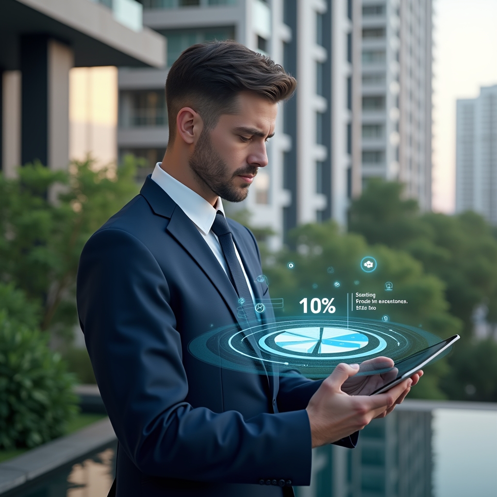 Ultra-realistic condominium manager in a navy blue suit, set in a modern luxury condominium environment with high-rise buildings and lush green landscaping, holding a digital tablet displaying a holographic pie chart of unit fractions, analyzing fractional percentages with floating numeric overlays, confident and focused expression, cinematic lighting, shallow depth of field, highly detailed textures, realistic skin, photographic realism, 8k resolution --ar 1:1 --v 6