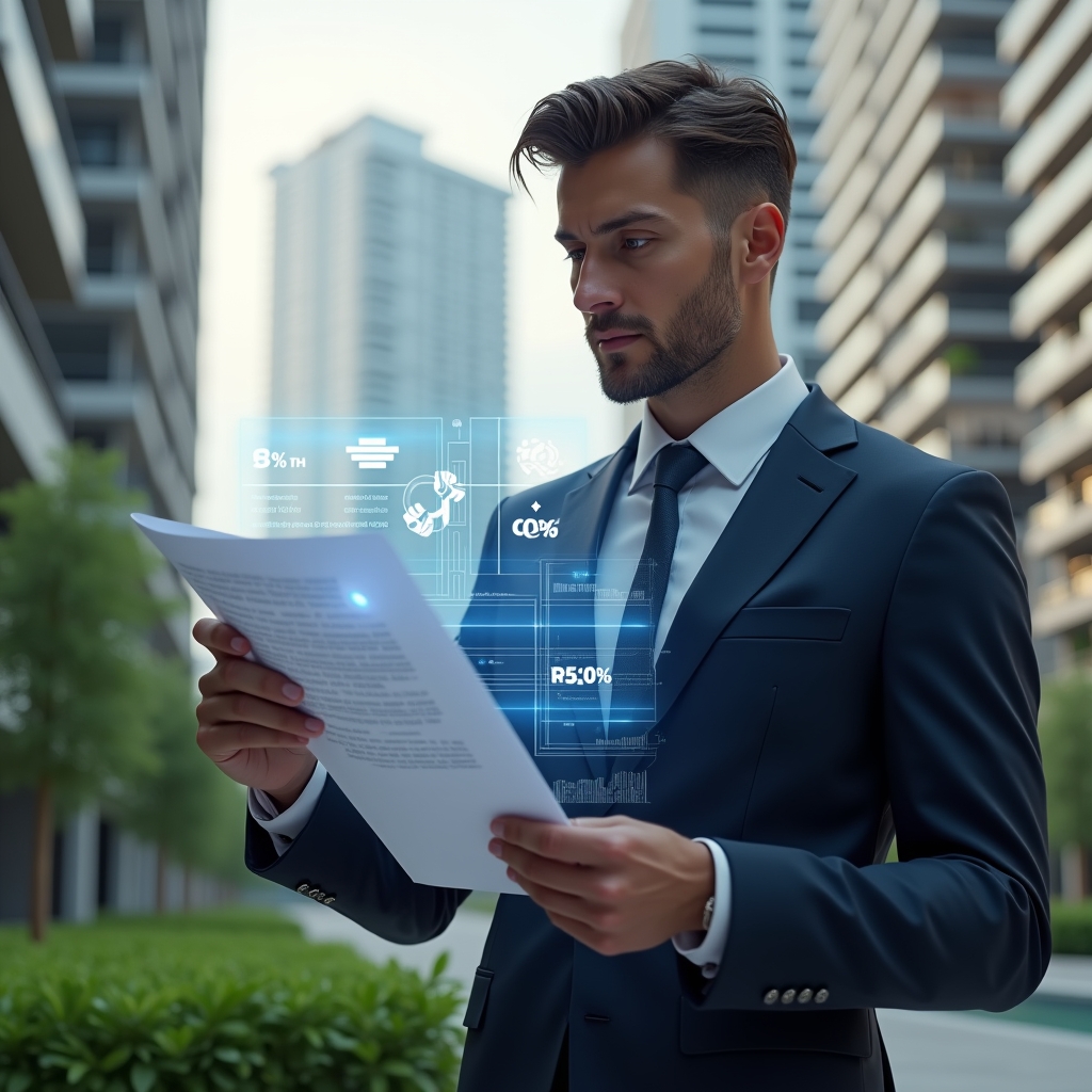 Ultra-realistic condominium manager in a tailored navy suit, set in a modern luxury condominium environment with high-rise buildings and manicured green landscaping, medium shot with shallow depth of field, examining a holographic blueprint displaying floating percentage calculations and a gavel icon symbolizing litigation avoidance, confident and thoughtful expression, cinematic lighting, photographic realism, highly detailed textures, realistic skin, 8k resolution --ar 1:1 --v 6