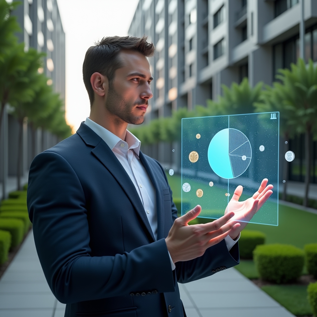 (Ultra-realistic condominium manager in a navy suit, set in a modern luxury condominium environment with high-rise buildings and manicured green landscaping, examining a holographic pie chart that visualizes ordinary and extraordinary expense fractions, floating icons of coins and ledgers around the chart, confident and focused expression, cinematic lighting, shallow depth of field, highly detailed textures, realistic skin, photographic realism, 8k resolution --ar 1:1 --v 6)