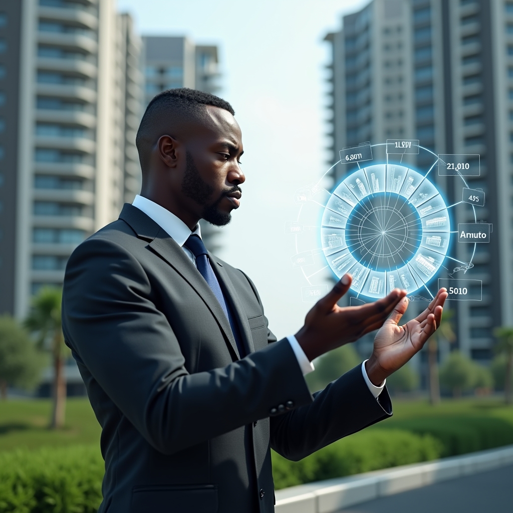 (Ultra-realistic condominium manager in a charcoal gray executive suit, set in a modern luxury condominium environment with high-rise buildings and pristine green landscaping, mid-shot of a confident professional examining a floating holographic pie chart of unit fractions, with translucent building icons and numeric overlays symbolizing rateio calculations, cinematic lighting, shallow depth of field, highly detailed textures, realistic skin, photographic realism, 8k resolution --ar 1:1 --v 6)
