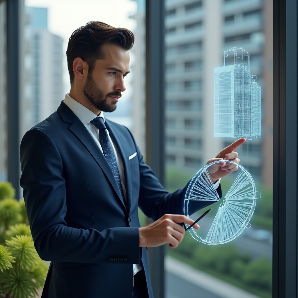 Ultra-realistic condominium manager in a navy blue suit, set in a modern luxury condominium environment with high-rise buildings and green landscaping, studying a holographic pie chart representing ideal fractions of units, pointing at segments with a stylus, a floating 3D building model beside him, thoughtful and confident expression, cinematic lighting, shallow depth of field, highly detailed textures, realistic skin, photographic realism, 8k resolution --ar 1:1 --v 6
