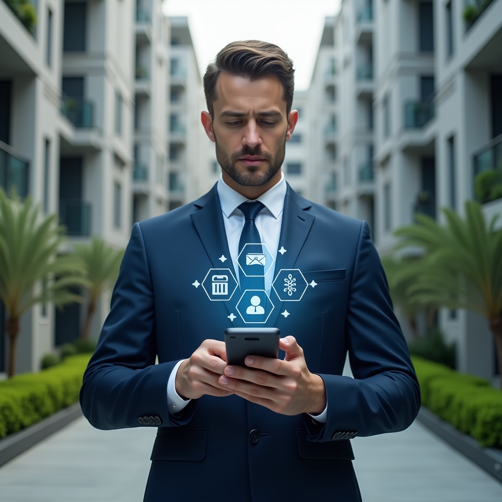 Ultra-realistic condominium manager in a navy blue suit, set in a modern luxury condominium environment with high-rise buildings and green landscaping, holding a smartphone displaying holographic icons for communication, finances and maintenance, confident and focused expression, holographic dashboard floating above the device, cinematic lighting, shallow depth of field, highly detailed textures, realistic skin, photographic realism, 8k resolution --ar 1:1 --v 6