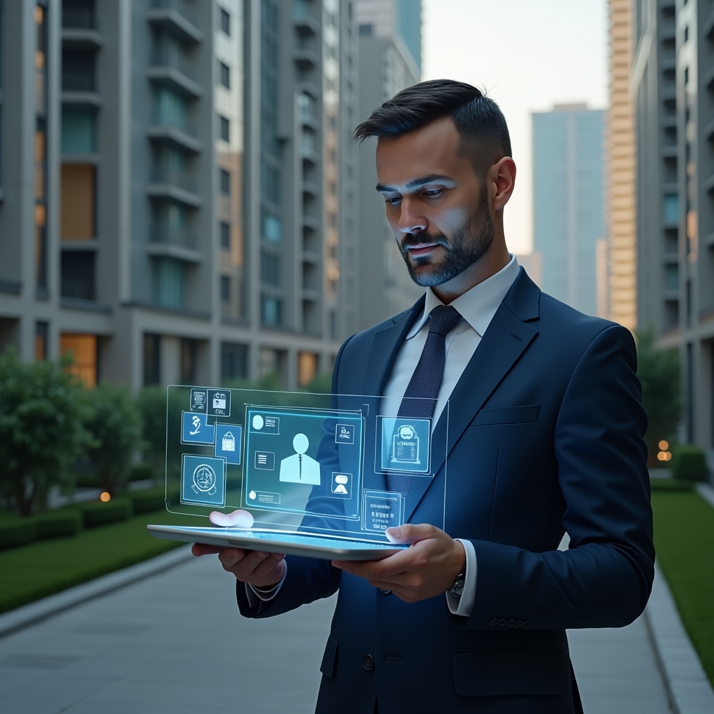 Ultra-realistic condominium manager in a navy blue suit, set in a modern luxury condominium environment with high-rise buildings and manicured greenery, confidently analyzing a transparent holographic tablet displaying icons for finances, chat, reservations and security, cinematic lighting, shallow depth of field, highly detailed textures, realistic skin, photographic realism, 8k resolution --ar 1:1 --v 6