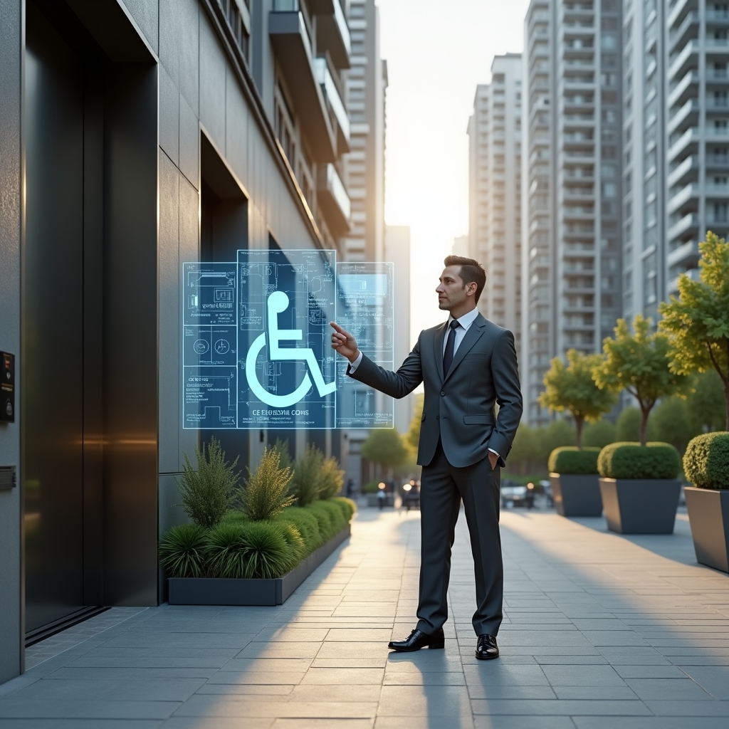 Ultra-realistic condominium manager in a charcoal gray suit, set in a modern luxury condominium environment with high-rise buildings and manicured green landscaping, standing in a medium shot beside an accessible ramp and elevator entrance, pointing thoughtfully toward a holographic wheelchair symbol and blueprint overlay of ramp and elevator designs, cinematic lighting, shallow depth of field, highly detailed textures, realistic skin, photographic realism, 8k resolution --ar 1:1 --v 6