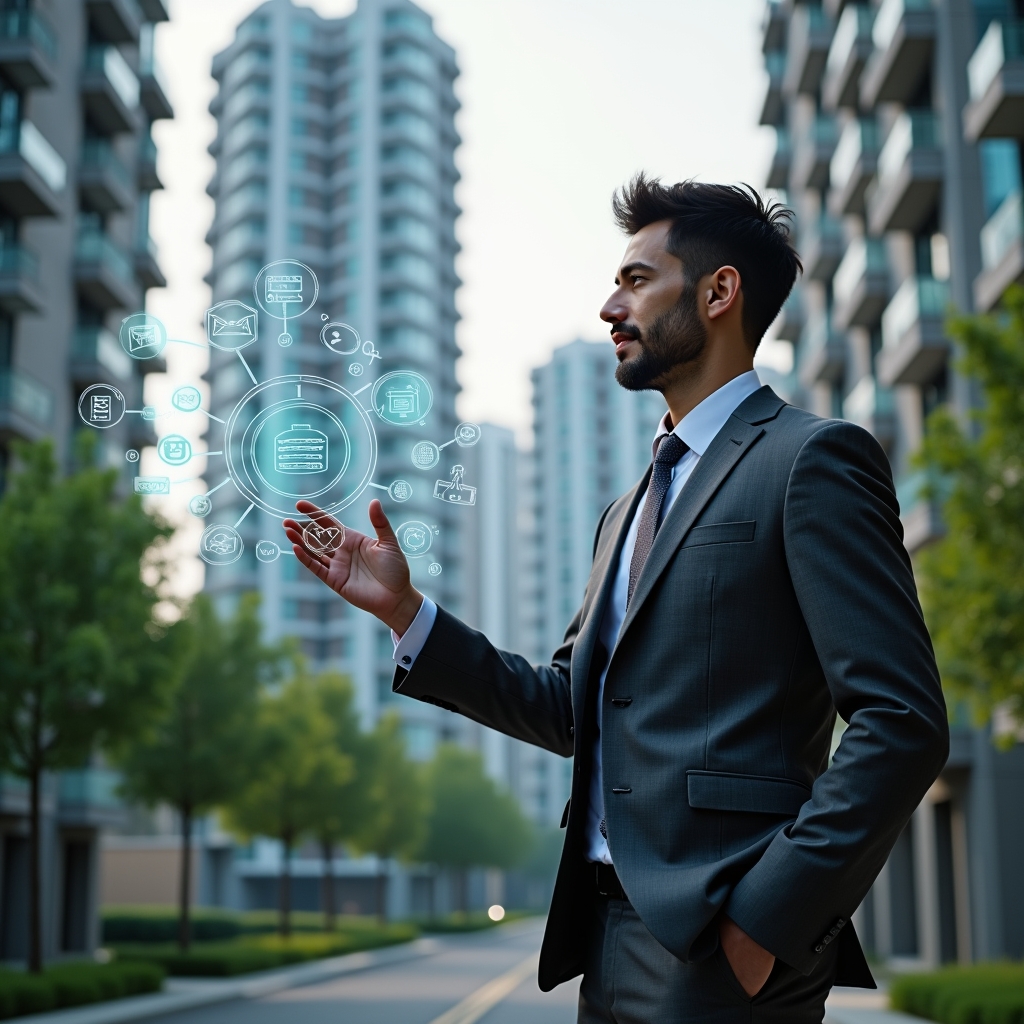 Ultra-realistic property manager in a charcoal gray executive suit, set in a modern luxury condominium environment with high-rise buildings and meticulously landscaped greenery, interacting with a holographic interface of digital charts and automation icons, confidently tapping floating symbols for communication, billing, and security, cinematic lighting, shallow depth of field, highly detailed textures, realistic skin, photographic realism, 8k resolution --ar 1:1 --v 6