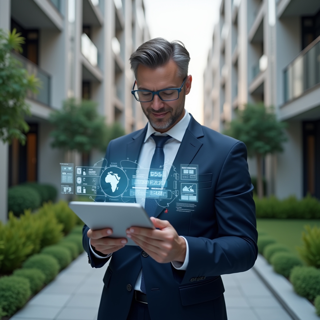 (Ultra-realistic condo manager in a navy blue executive suit, set in a modern luxury condominium environment with high-rise buildings and manicured green landscaping, examining a digital tablet displaying holographic pie charts and expense breakdown charts, surrounded by floating icons of bills and spreadsheets, confident and focused expression, cinematic lighting, shallow depth of field, highly detailed textures, realistic skin, photographic realism, 8k resolution --ar 1:1 --v 6)