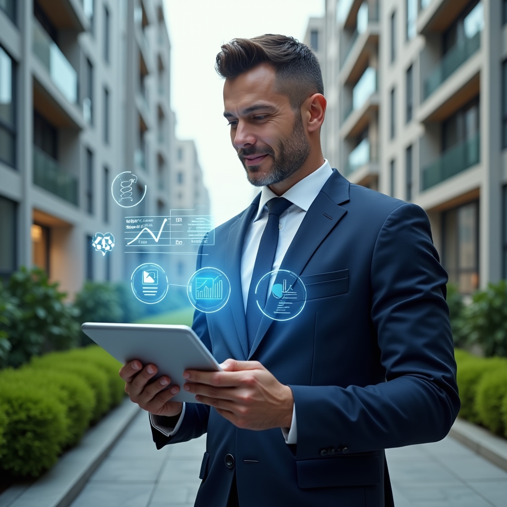 (Ultra-realistic condominium manager in a navy blue executive suit, set in a modern luxury condominium environment with high-rise buildings and manicured green landscaping, holding a tablet displaying holographic charts and task checklists, with floating icons of a checklist, pie chart, and speech bubbles symbolizing organization, finance optimization, and communication, confident expression, cinematic lighting, shallow depth of field, highly detailed textures, realistic skin, photographic realism, 8k resolution --ar 1:1 --v 6)