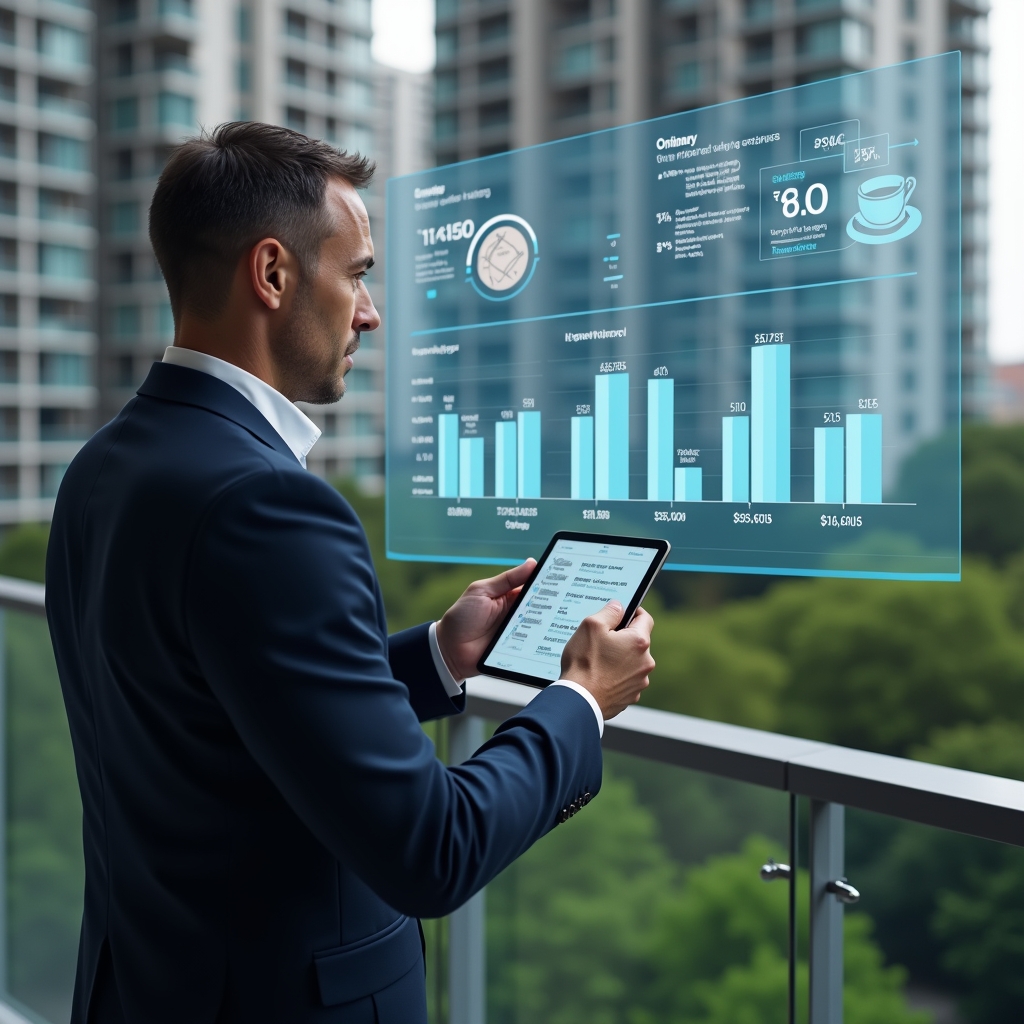 Ultra-realistic condominium manager in a dark navy suit, set in a modern luxury condominium environment with high-rise buildings and green landscaping, reviewing a holographic financial dashboard showing budget categories for ordinary and extraordinary expenses, holding a tablet displaying pie charts and invoice icons, confident analytical expression, cinematic lighting, shallow depth of field, highly detailed textures, realistic skin, photographic realism, 8k resolution --ar 1:1 --v 6