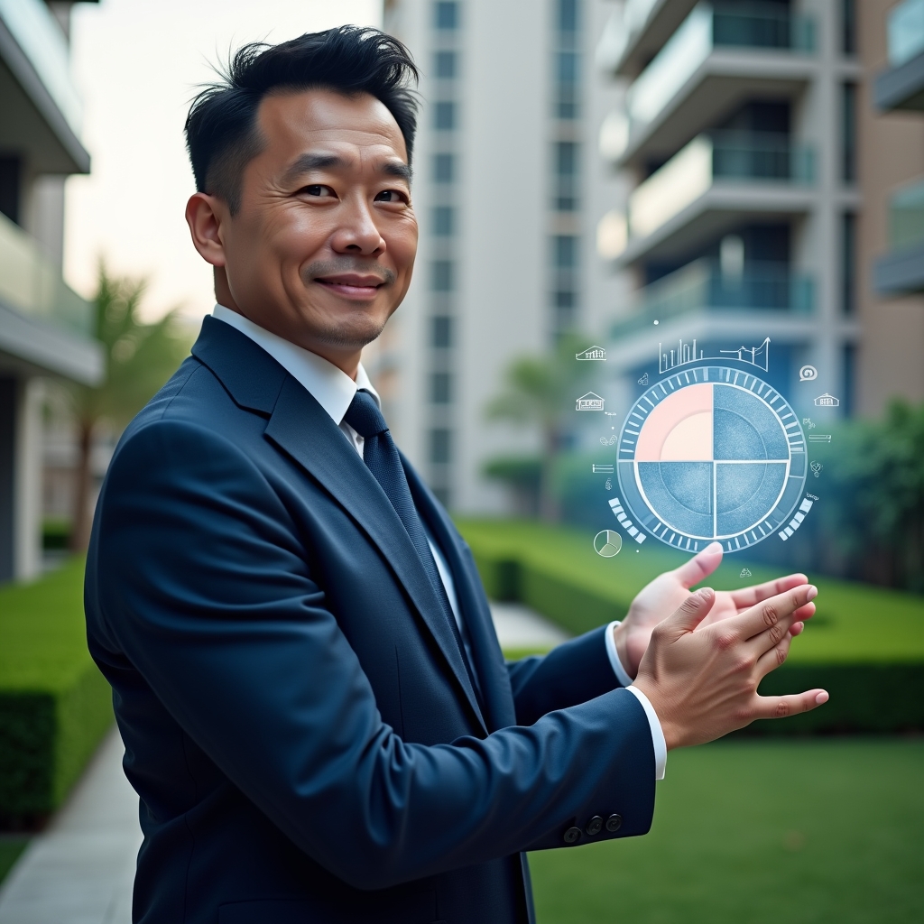 (Ultra-realistic condominium manager in a tailored navy blue suit, set in a modern luxury condominium environment with high-rise buildings and manicured green landscaping, holding and analyzing a floating holographic pie chart and financial spreadsheets that symbolize fração ideal and budget balance, expression confident and focused, cinematic lighting, shallow depth of field, highly detailed textures, realistic skin, photographic realism, 8k resolution --ar 1:1 --v 6)
