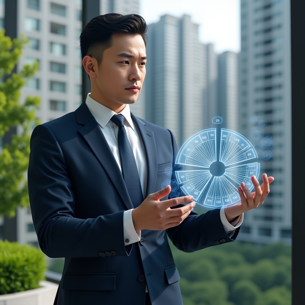 (Ultra-realistic condominium manager in a navy suit, set in a modern luxury condominium environment with high-rise buildings and lush green landscaping, holding and analyzing a holographic 3D pie chart representing unit fractions, confident and focused expression, cinematic lighting, shallow depth of field, highly detailed textures, realistic skin, photographic realism, 8k resolution --ar 1:1 --v 6)