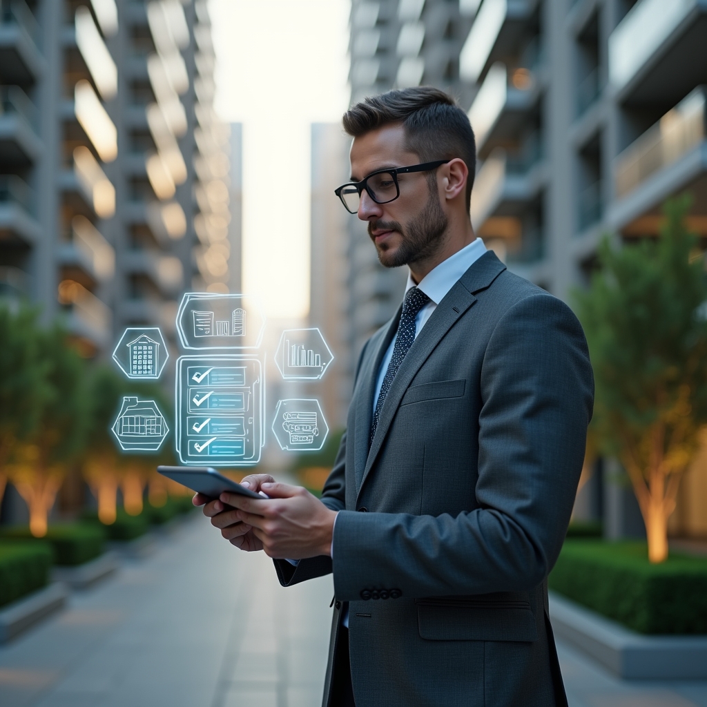 (Ultra-realistic property manager in a charcoal gray tailored suit, set in a modern luxury condominium environment with high-rise buildings and manicured green landscaping, confidently reviewing a holographic task checklist projected from a tablet, surrounded by floating icons of calendar events and financial graphs, cinematic lighting, shallow depth of field, highly detailed textures, realistic skin, photographic realism, 8k resolution --ar 1:1 --v 6)