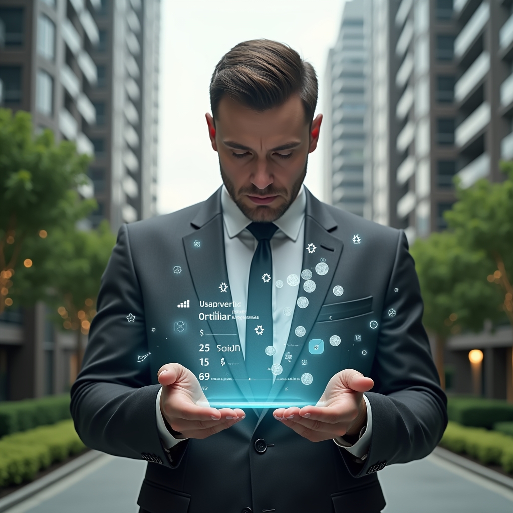 Ultra-realistic condominium manager in a charcoal gray suit, set in a modern luxury condominium environment with high-rise buildings and meticulously landscaped greenery, examining a floating holographic ledger displaying two columns labeled “Ordinary Expenses” and “Extraordinary Expenses,” confident expression, subtle holographic icons of coins and charts swirling around, cinematic lighting, shallow depth of field, highly detailed textures, realistic skin, photographic realism, 8k resolution --ar 1:1 --v 6